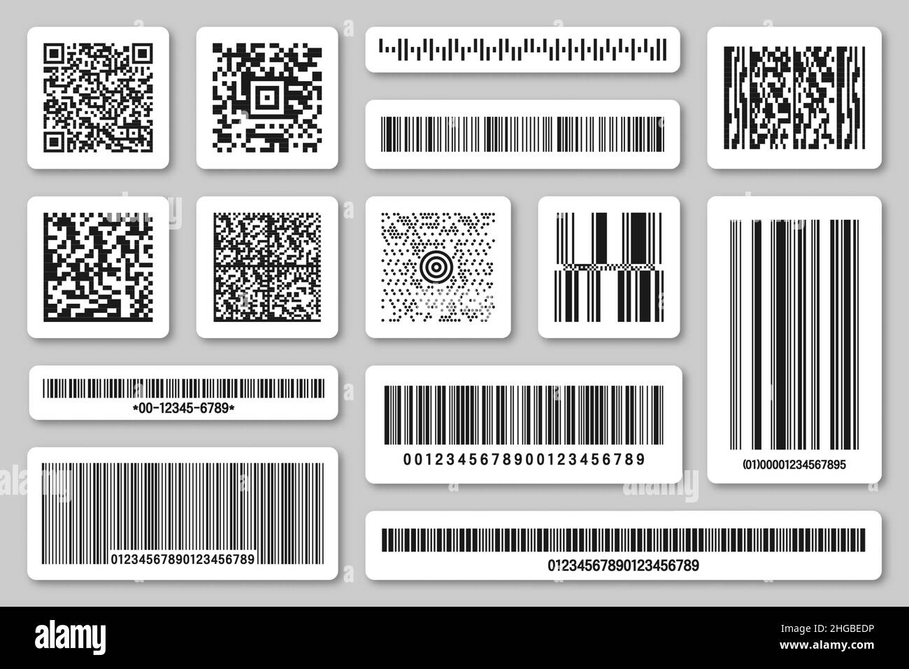 Set di codici a barre e codici QR del prodotto. Codice di identificazione. Numero di serie, ID prodotto con informazioni digitali. Memorizza o scansione supermercato Illustrazione Vettoriale