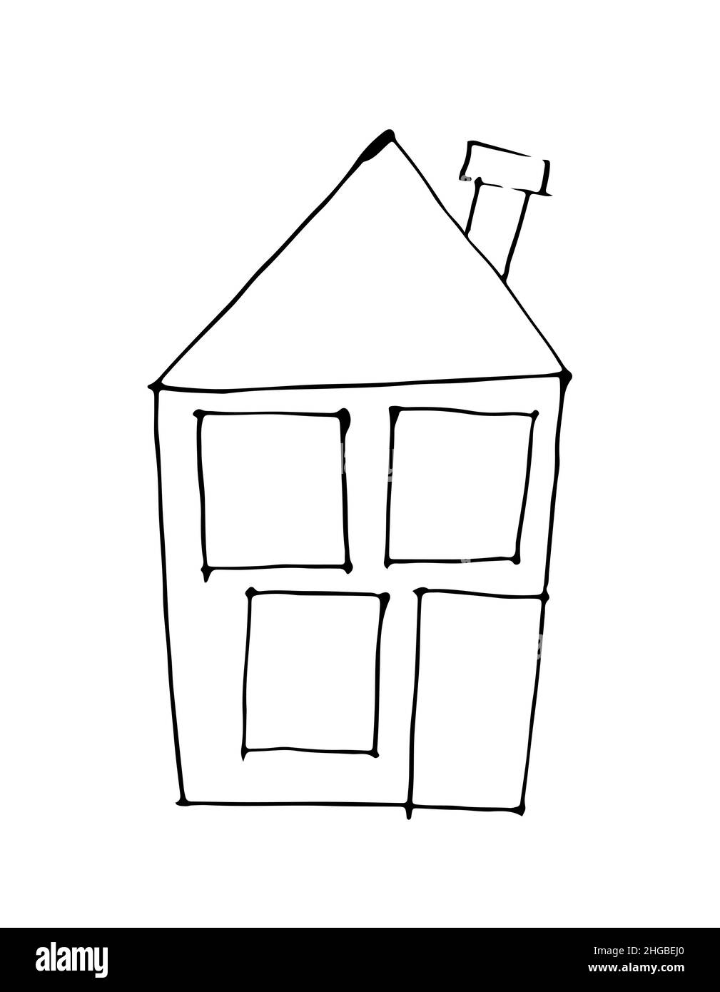 Casa divertente nello stile del disegno di un bambino. Schizzo di contorno. Il disegno a mano è isolato su sfondo bianco. Vettore Illustrazione Vettoriale