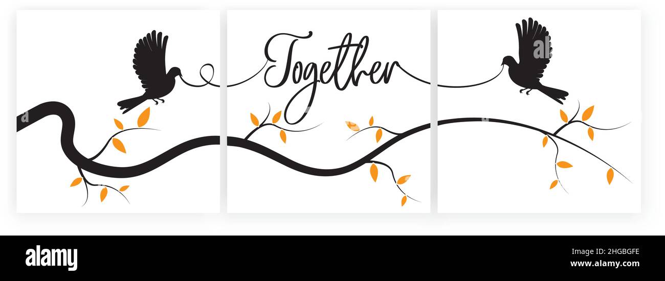 Insieme, uccelli volanti su ramo, vettore. Design minimalista in tre pezzi. Immagini di silhouette di uccelli isolate su sfondo bianco. Parete Illustrazione Vettoriale