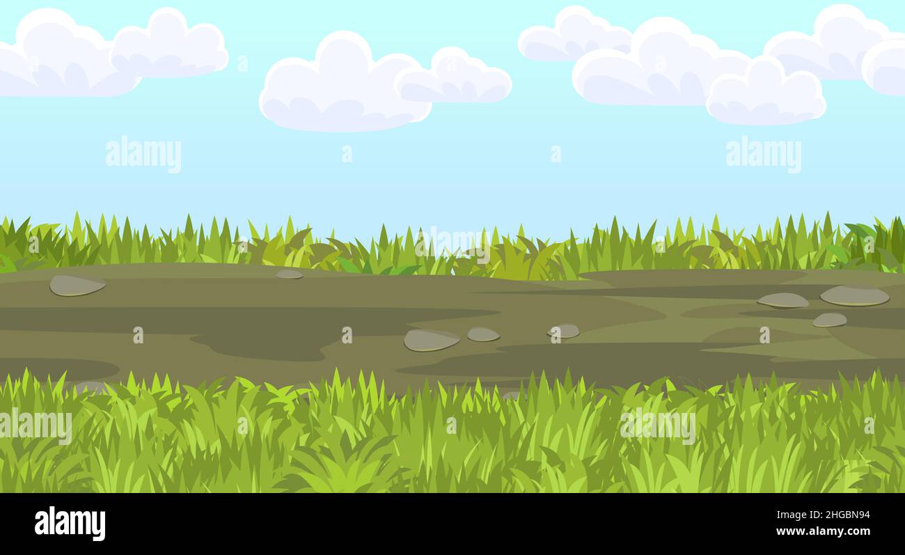 Strada senza interruzioni. Composizione del bordo orizzontale. Paesaggio prato estivo. Erba succosa. Paesaggio rurale rustico. Disegno di cartone animato. Illustrazione grafica piatta Illustrazione Vettoriale