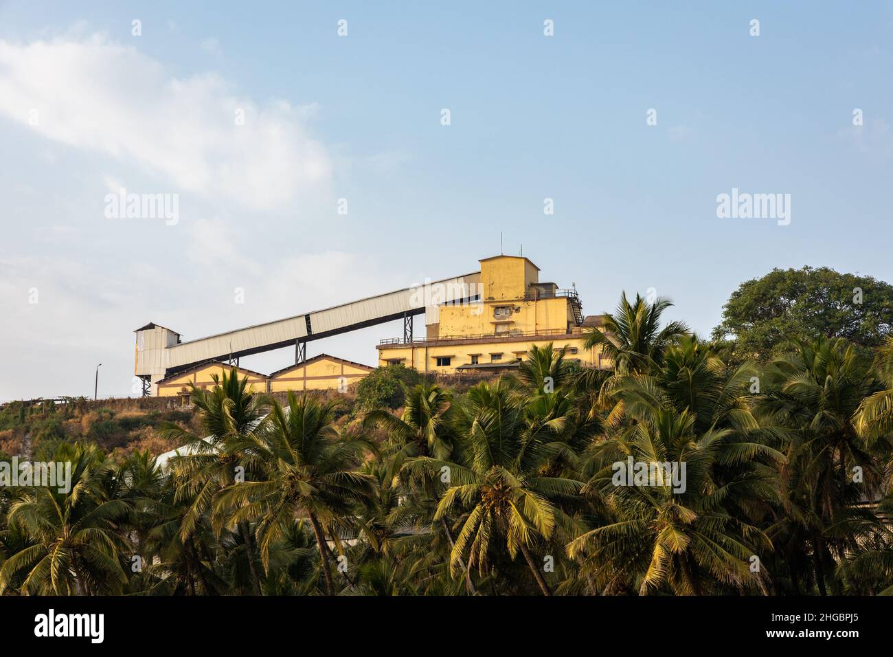 Massiccia Zuari Agro Chemicals Limited industria, nascondendosi dietro palme da cocco, che domina Velsao spiaggia vicino Sankval, Mormugao, Goa, India Foto Stock