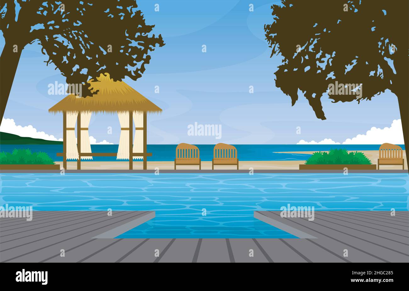 Resort piscina Viaggi Vacanze Paesaggio Vista Bali Illustrazione Illustrazione Vettoriale
