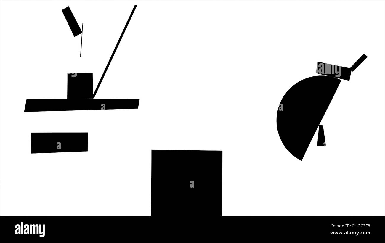 Suprematismo geometriche bianche che si muovono e cadono su sfondo nero, monocromatiche. Combinazione di diverse figure geometriche in movimento, abstr Foto Stock