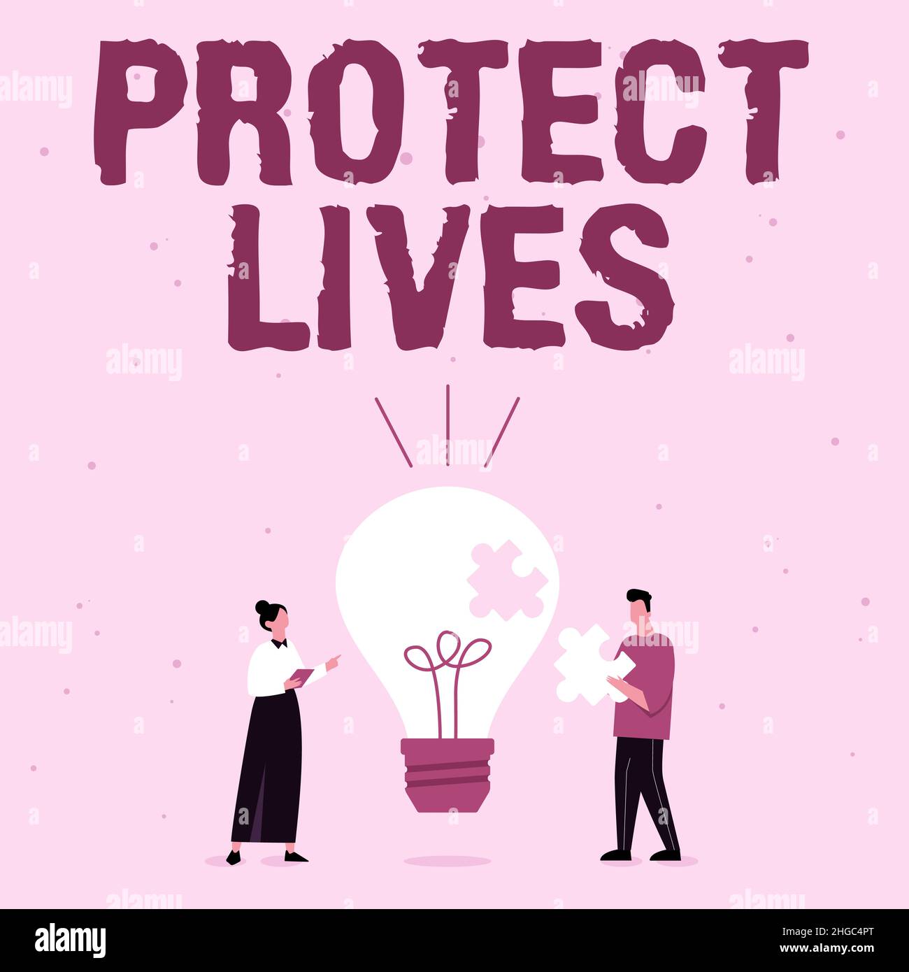 La visualizzazione dei segni protegge le vite. Parola scritta sopra per coprire o proteggere da esposizione danno o distruzione Illustrazione di Partner Bulding nuovo Foto Stock