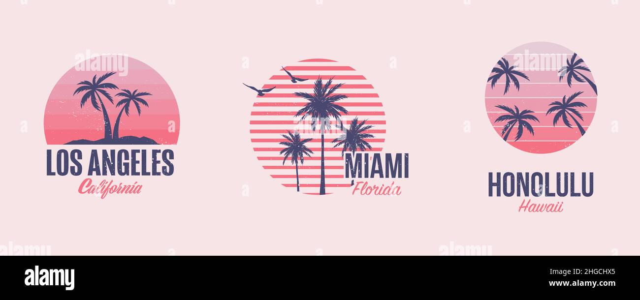 Stampe di abbigliamento per maglietta. Grafica a template con palme e  tramonti, buone vibrazioni a Miami, Los Angeles e Honolulu, disegni estivi  in opere vettoriali Immagine e Vettoriale - Alamy