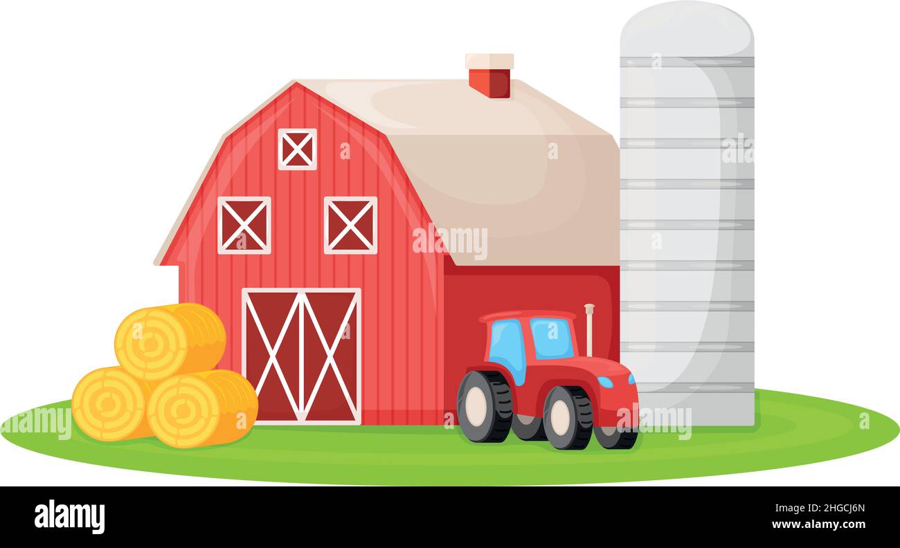 Casa di campagna con granaio rosso, trattore contadino e edificio granaio su campo verde grafico cartoon vettore illustrazione, isolato su bianco. Grande e moderna Illustrazione Vettoriale
