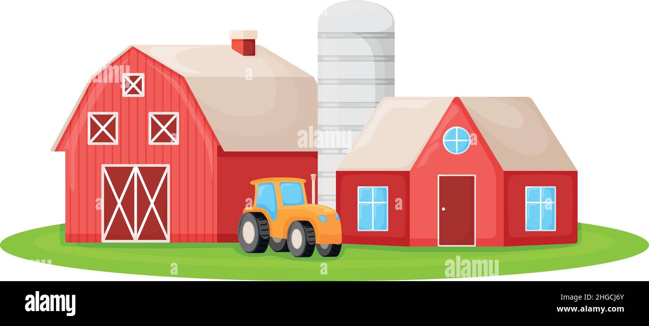 Casa di campagna con granaio rosso, trattore contadino e edificio granaio su campo verde grafico cartoon vettore illustrazione, isolato su bianco. Grande e moderna Illustrazione Vettoriale