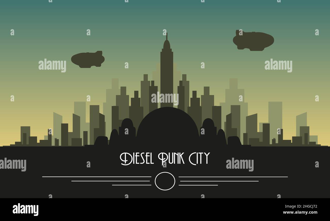Diesel punk skyline città vettore 50s paesaggio Illustrazione Vettoriale