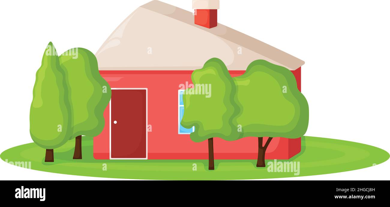 Carino casa di campagna rossa con albero, cottage estate edificio sul campo verde moderno cartoon illustrazione vettoriale, isolato su bianco. Accogliente luogo all'aperto Illustrazione Vettoriale