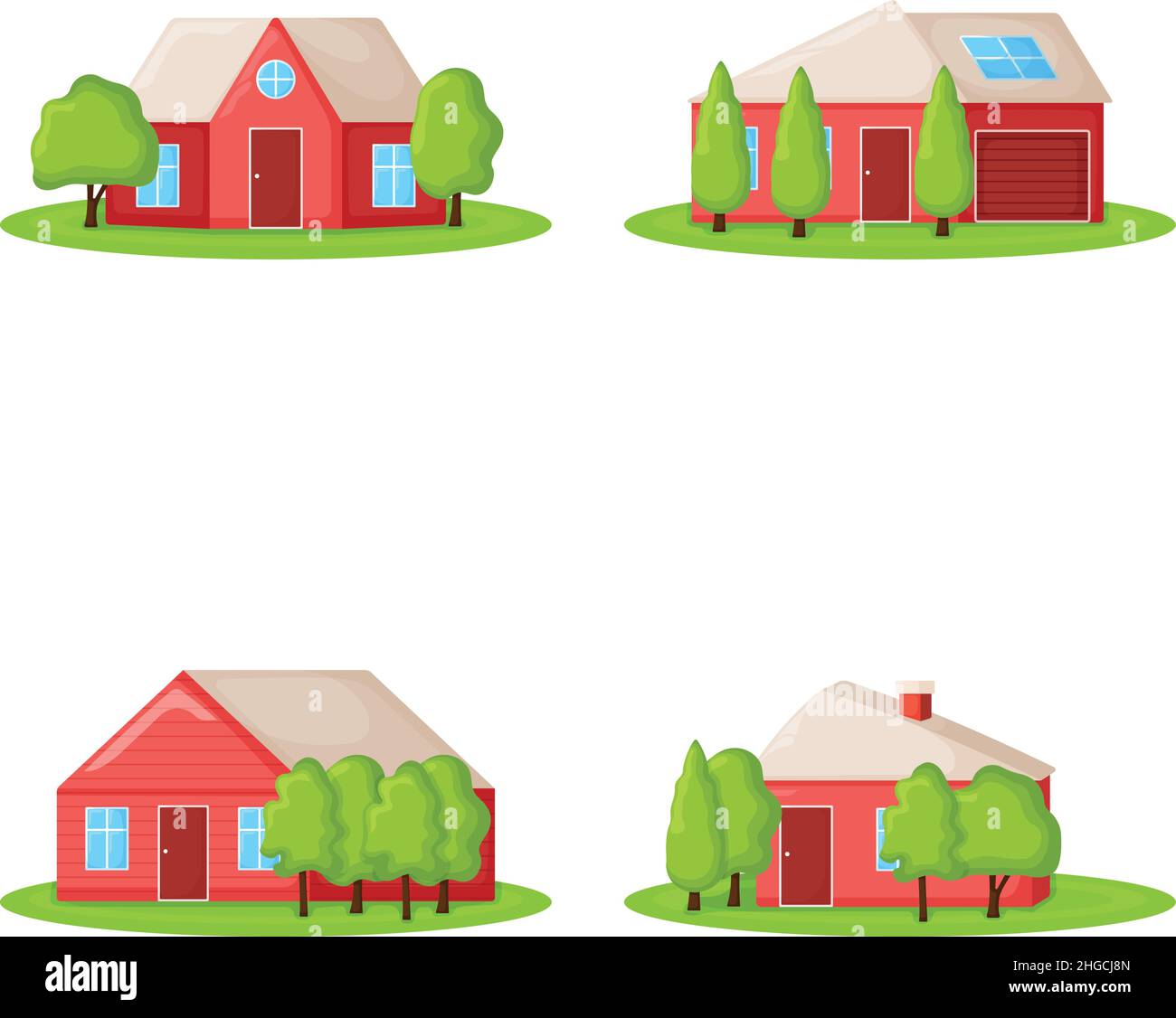 Set di carino casa di campagna rossa con albero, cottage estate edificio sul campo verde moderno cartoon illustrazione vettoriale, isolato su bianco. Accogliente piscina all'aperto Illustrazione Vettoriale