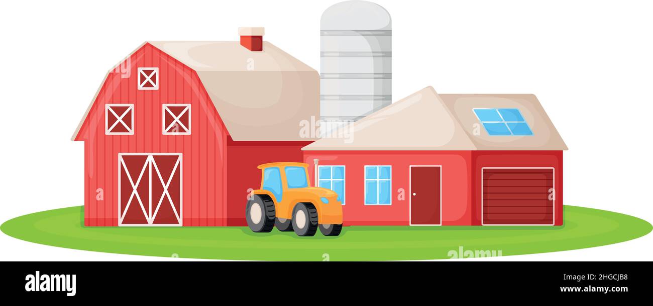 Casa di campagna con granaio rosso, trattore contadino e edificio granaio su campo verde grafico cartoon vettore illustrazione, isolato su bianco. Grande e moderna Illustrazione Vettoriale