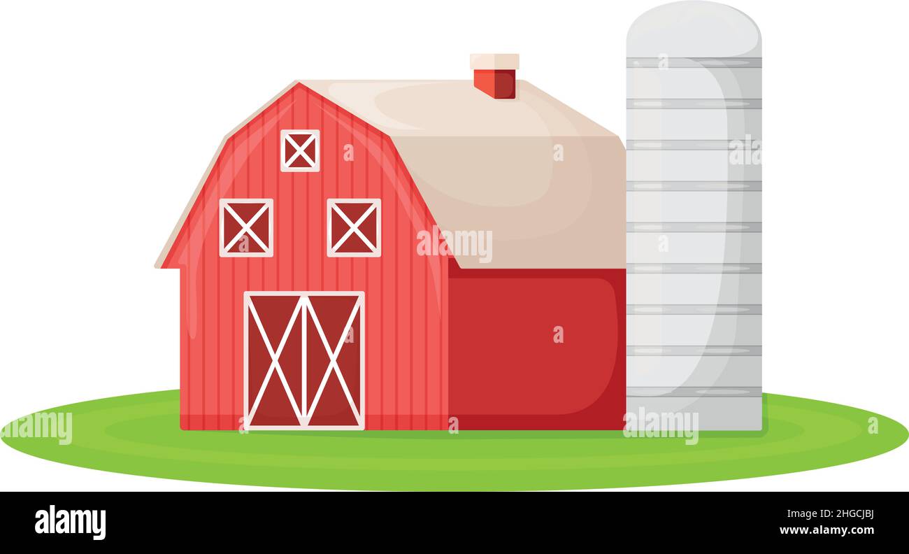 Concetto casa di campagna rosso moderno farm fienile edificio con granaio su campo verde farm plot ranch cartoon vettore illustrazione icona, isolato su bianco. P Illustrazione Vettoriale