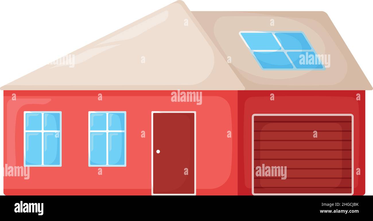Carino casa di campagna rossa, casa d'estate edificio moderno cartoon vettore illustrazione, isolato su bianco. Accogliente luogo all'aperto dove vivere. Illustrazione Vettoriale
