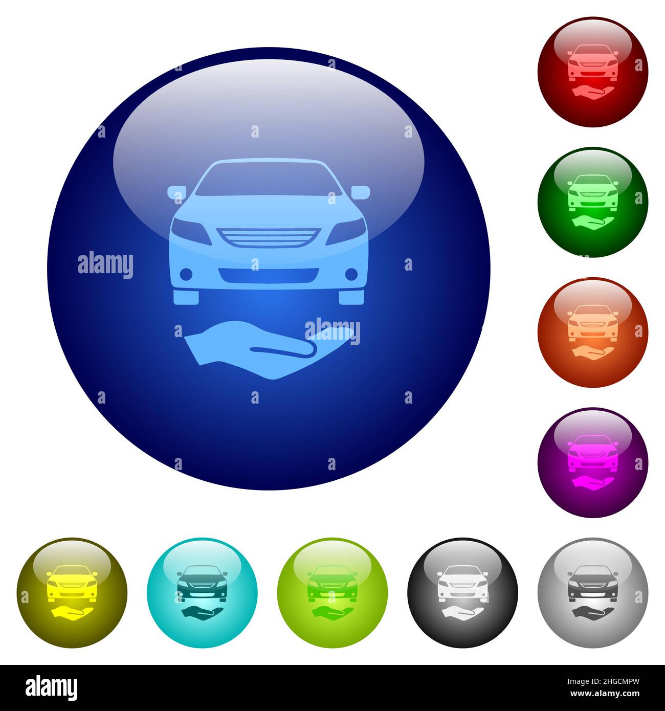 Icone solide dei servizi auto su pulsanti in vetro rotondo in più colori. Struttura di livello disposta Illustrazione Vettoriale