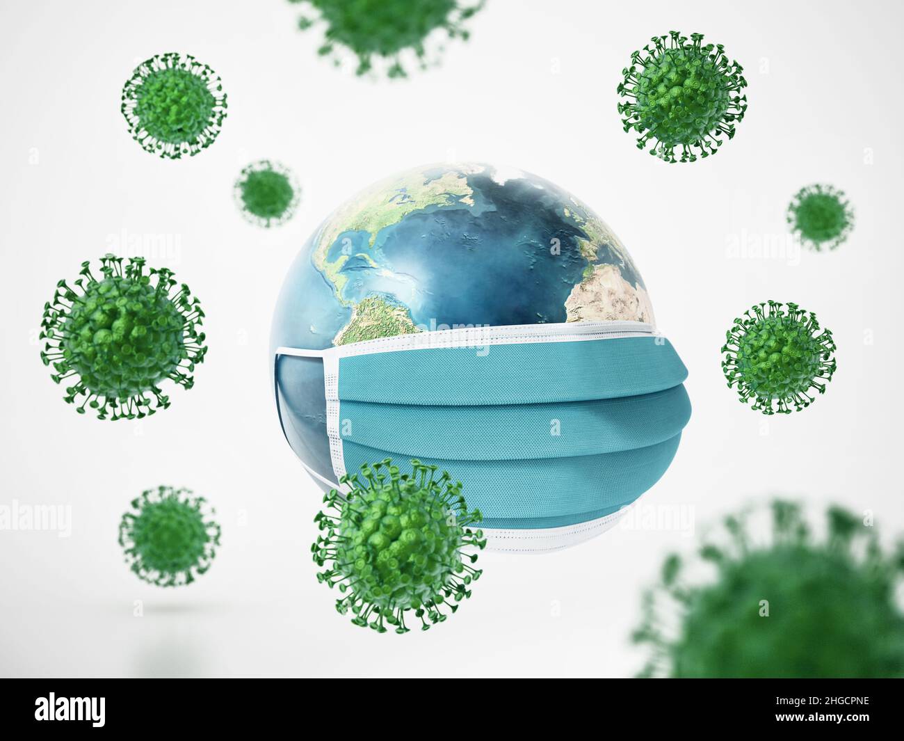 Virus verdi intorno alla Terra con maschera facciale. 3D illustrazione. Foto Stock