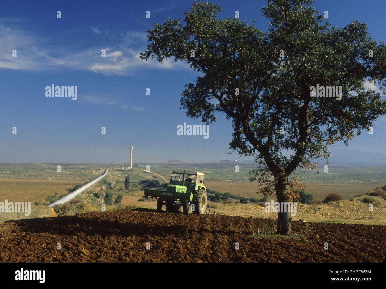 Spagna Malaga trattore agricolo aratro terreno agricolo Foto Stock