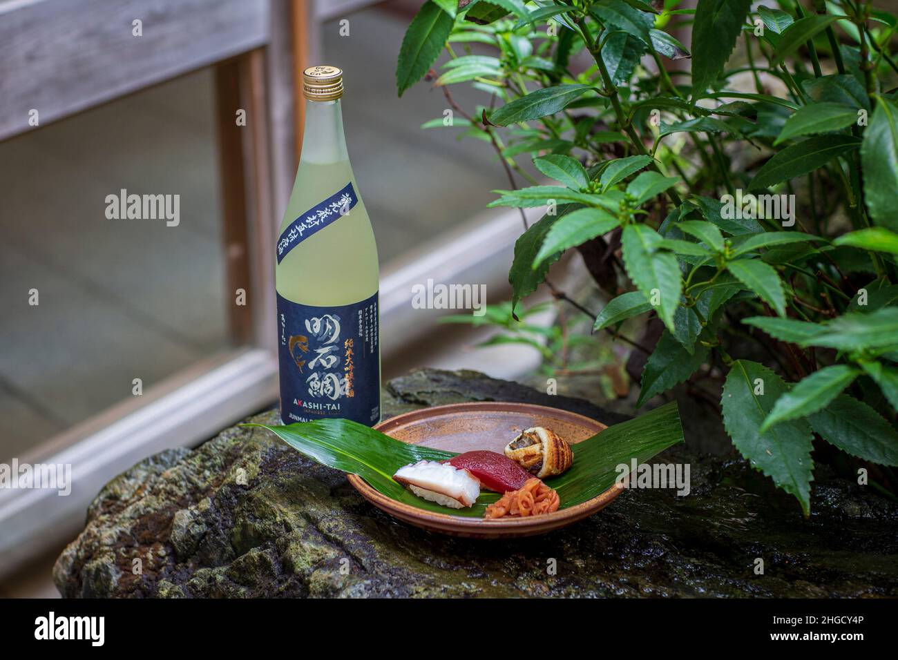 Sushi set e sashimi con sake serviti su pietra grigia con giardino sullo sfondo. Foto Stock