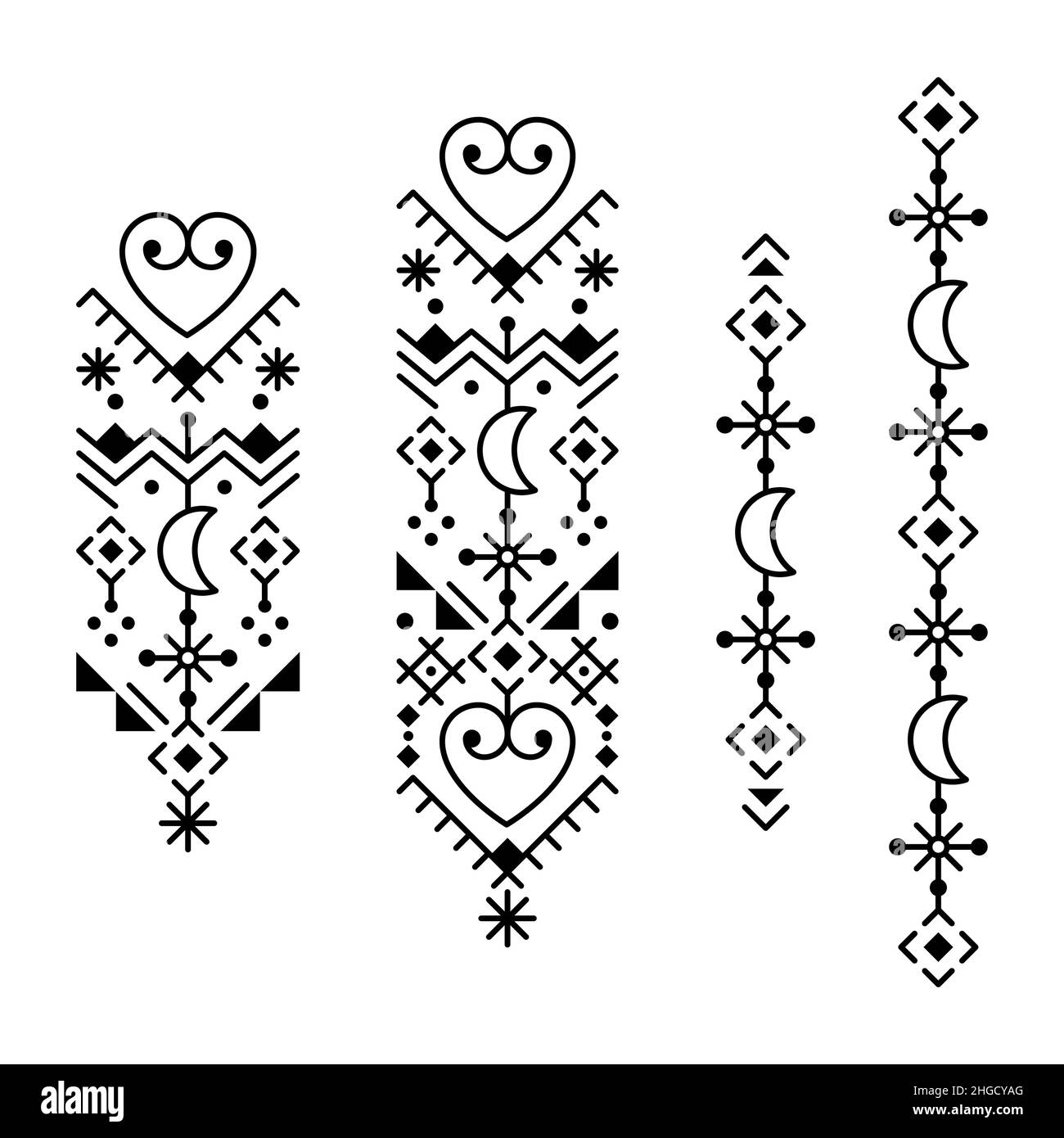 Linea minimalista tribale o neotribale art vettoriale Long Vertical Patterns collection with Moons and Hearts, geometrico ornamentale design set Illustrazione Vettoriale