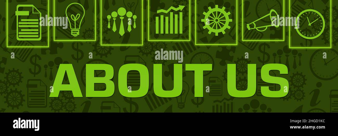 Chi siamo Green Neon Business Symbols on Top Horizontal Foto Stock