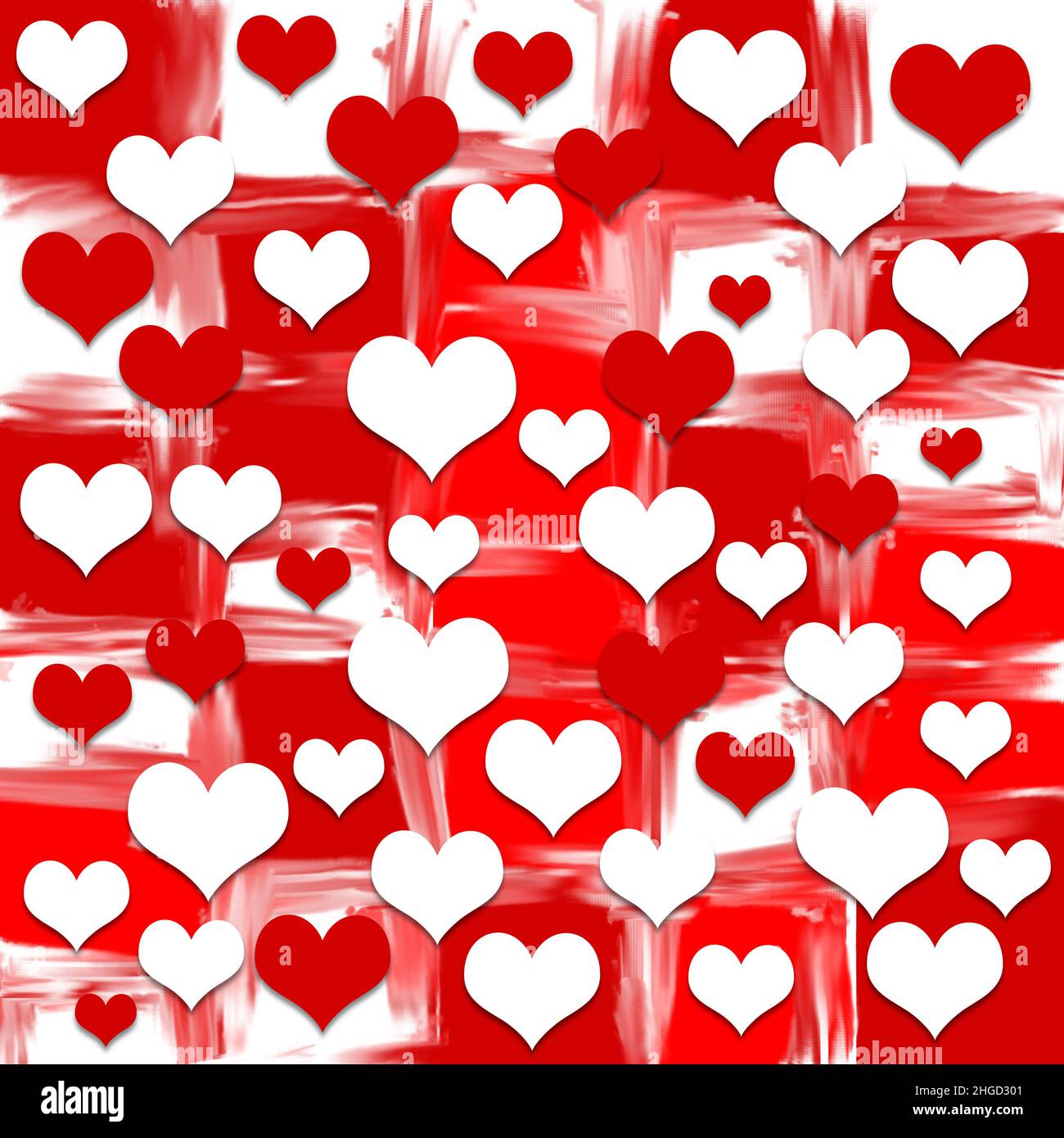 Sfondo romantico con cuori d'amore rossi effetto di pittura quadrato Foto Stock