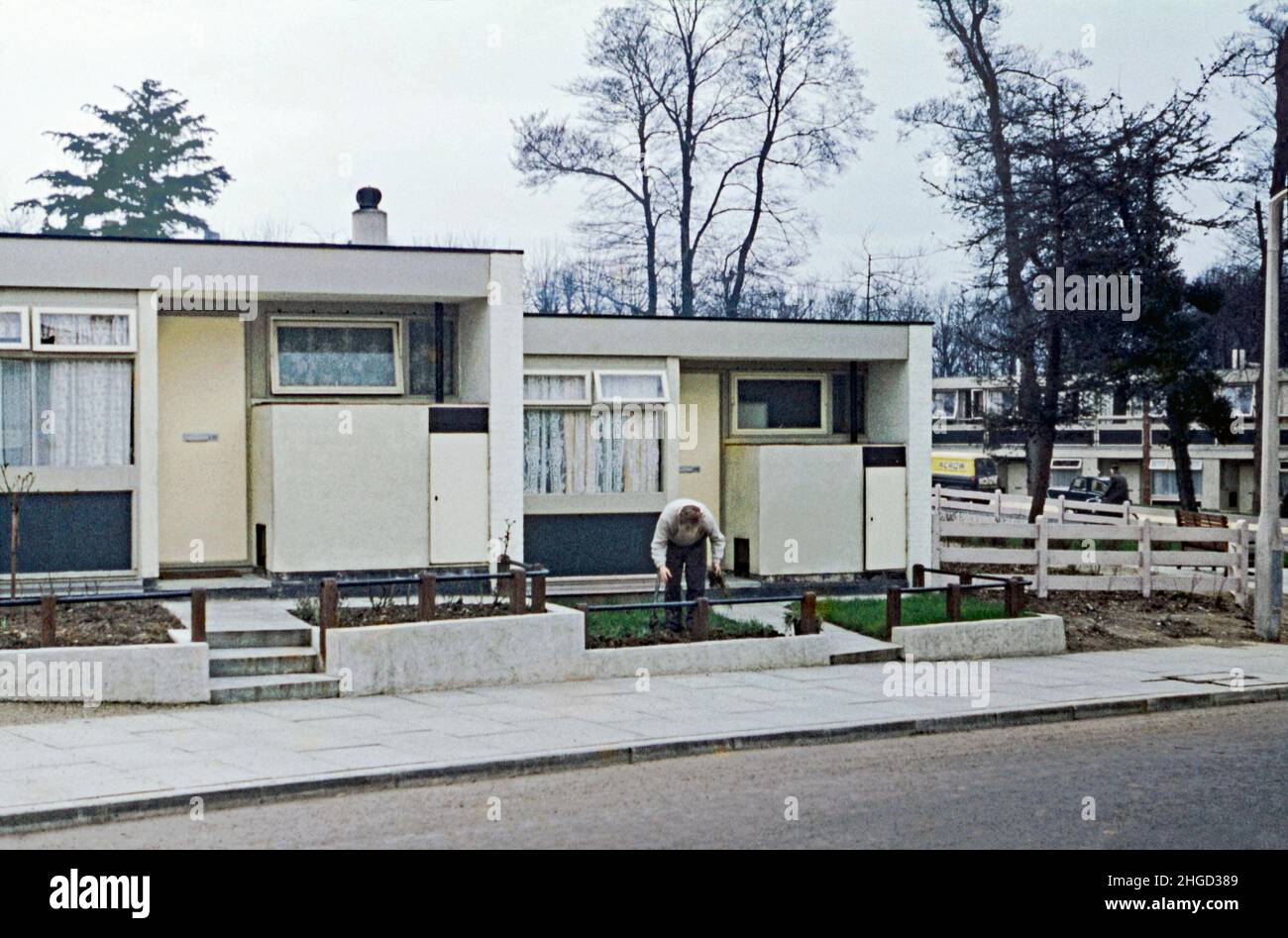 Una fotografia del 1960s di case a piano singolo in Danebury Avenue, Roehampton, Londra, Inghilterra, Regno Unito rivolta a residenti anziani in pensione. La zona fa parte della tenuta di Alton. Roehampton, un sobborgo di Londra sud-occidentale, ha un certo numero di grandi proprietà del consiglio. Il London County Council (LCC) costruì la tenuta Roehampton nel 1920s-30s e la tenuta Alton nel 1950s. L'Alton Estate, una delle più grandi del Regno Unito, ha un mix di architettura modernista bassa e alta che consiste sia di influenza scandinava che brutalista – una fotografia d'epoca del 1960s. Foto Stock