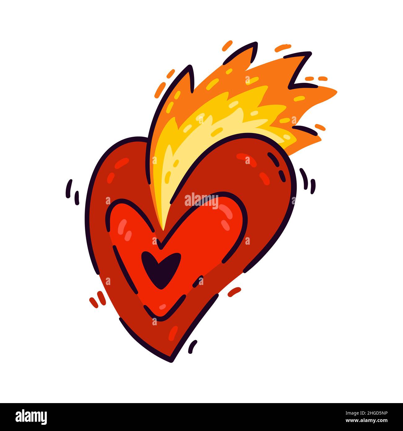 Cuore che brucia con fiamma. Elemento per disegno san Valentino, 14 febbraio. Illustrazione vettoriale stile doodle isolato su sfondo bianco. Illustrazione Vettoriale