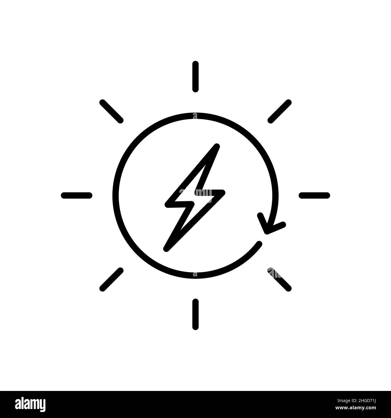 Icona della linea di alimentazione solare. Fulmine imbullonato all'interno del sole con freccia. Concetto di energia rinnovabile. Fonti energetiche sostenibili. Generazione di energia pulita. Vettore Illustrazione Vettoriale