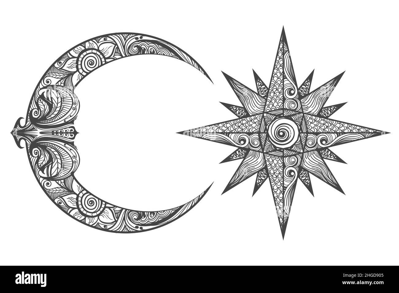 Zentangle Crescent Moon e Star disegnate a mano su sfondo bianco. Illustrazione vettoriale. Illustrazione Vettoriale
