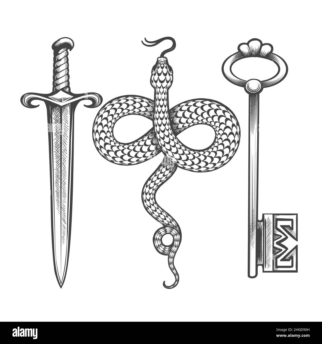 Set di antichi e medievali spada occulta esoterica serpente simboli chiave in stile tatuaggio isolato su bianco. Illustrazione vettoriale. Illustrazione Vettoriale