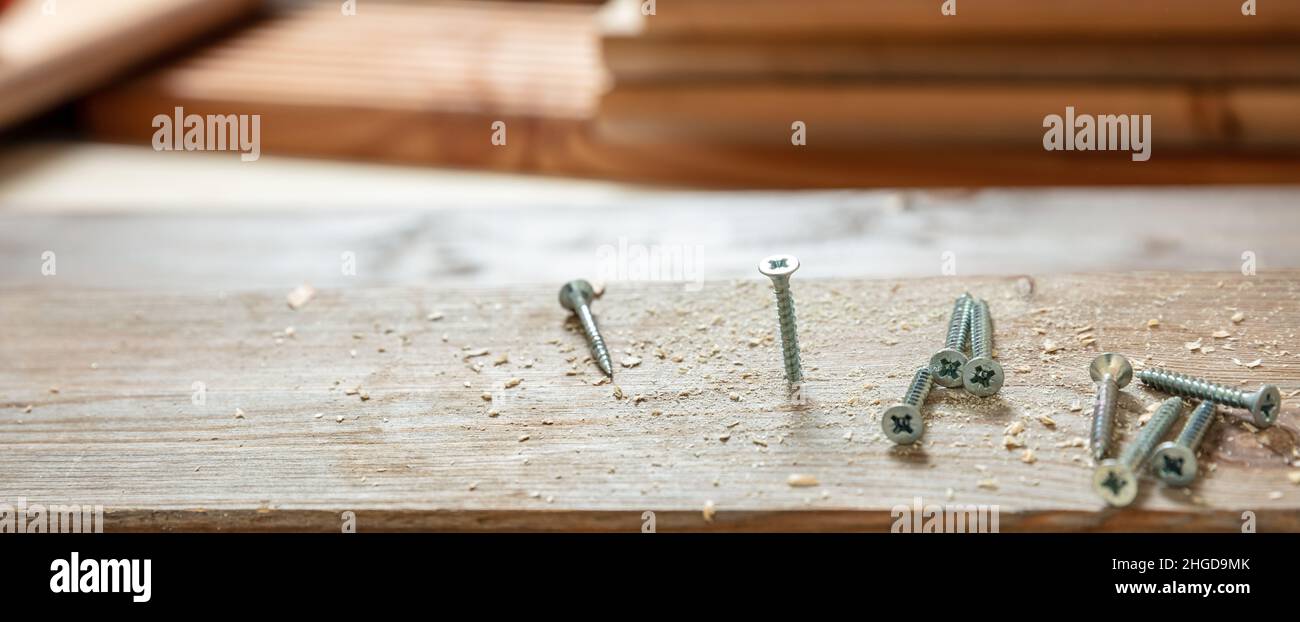 Vite legno su asse di legno, panca da officina carpentiere, vista da primo piano. Fai da te, riparazione e riparazione in casa. Foto Stock