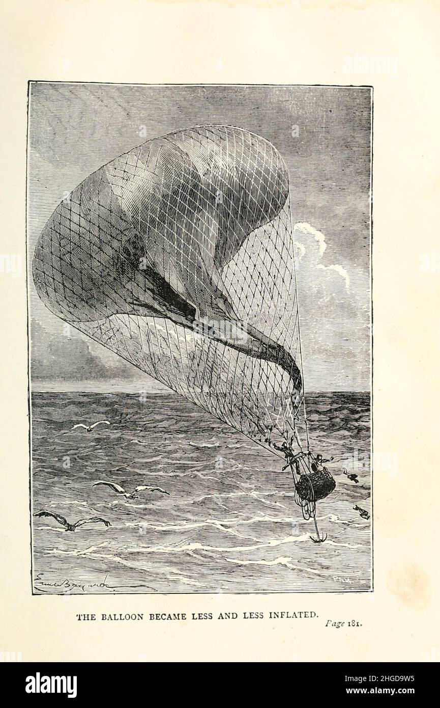La mongolfiera è diventata sempre meno gonfia da Émile-Antoine Bayard da ' A Drama in the Air ' (in francese: ''un drame dans les airs'') è una breve storia di avventura di Jules Verne. La storia è stata pubblicata per la prima volta nell'agosto 1851 con il titolo 'Scienza per le famiglie. Un viaggio in mongolfiera ('la science en famille. Un voyage en ballon') nel Musée des Familles. Nel 1874, con sei illustrazioni, è stato incluso in Doctor Ox, l'unica raccolta di racconti di Jules Verne pubblicati durante la vita di Verne. Una traduzione in inglese di Anne T. Wilbur, pubblicata nel maggio 1852 nella rivista Union di Lite di Sartain Foto Stock