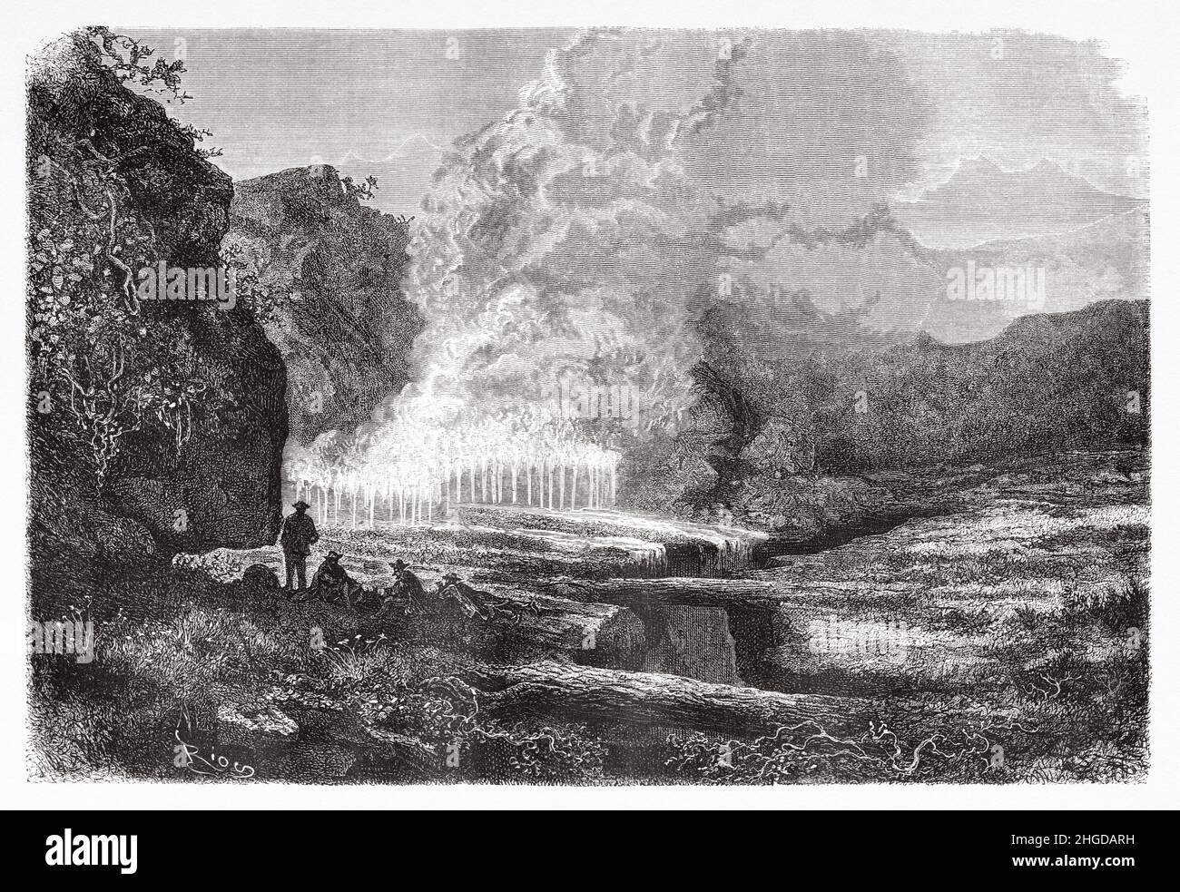 Sorgenti termali nella valle della Marcapata, nella provincia di Quispicanchi, nel dipartimento di Cusco, nel sud del Perù. Sud America. Vecchia illustrazione incisa del 19th secolo da Journey Across South America di Paul Marcoy, le Tour du Monde 1870 Foto Stock