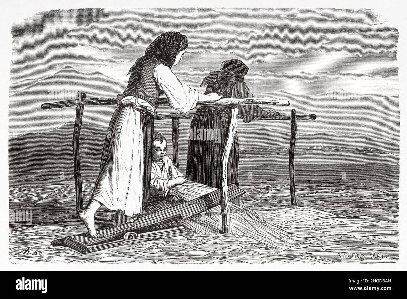 Donne che battono la canapa a Puszta, grande pianura ungherese, Ungheria, Europa. Vecchio 19th secolo inciso illustrazione da Voyage al sud slavi di Georges Perrot, le Tour du Monde 1870 Foto Stock