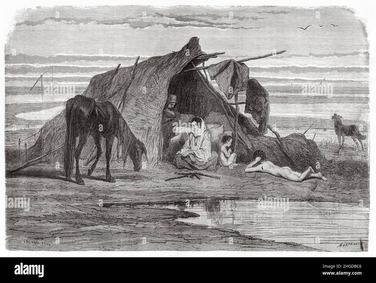Campo zingaro nomade a Puszta, grande pianura ungherese, Ungheria, Europa. Vecchio 19th secolo inciso illustrazione da Voyage al sud slavi di Georges Perrot, le Tour du Monde 1870 Foto Stock