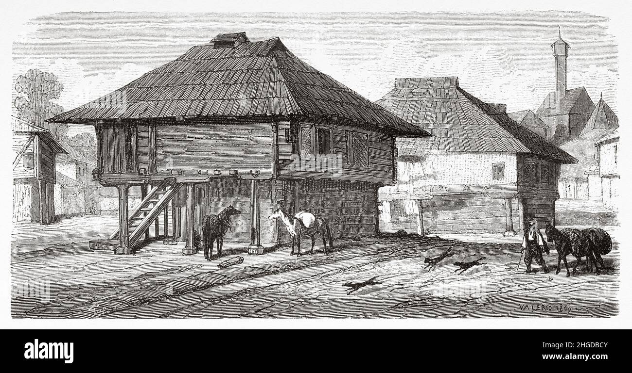 Casa in un villaggio al confine, confine militare bosniaco, Croazia, Europa. Vecchio 19th secolo inciso illustrazione da Voyage al sud slavi di Georges Perrot, le Tour du Monde 1870 Foto Stock Casa in un villaggio al confine, confine militare bosniaco, Croazia, Europa. Vecchio 19th secolo inciso illustrazione da Voyage al sud slavi di Georges Perrot, le Tour du Monde 1870 Foto Stock