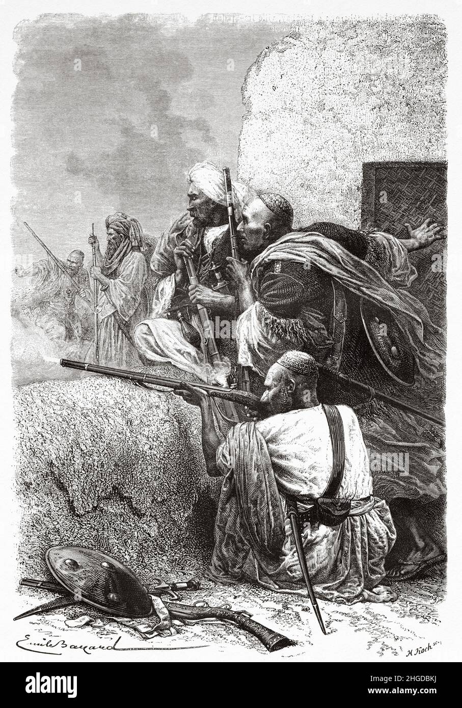 Gente di montagna al confine nord-occidentale, combattendo gli inglesi, l'India, l'Asia. Vecchia illustrazione incisa del 19th secolo da viaggio a Punjab e Kashmir di Guillaume Lejean, le Tour du Monde 1870 Foto Stock