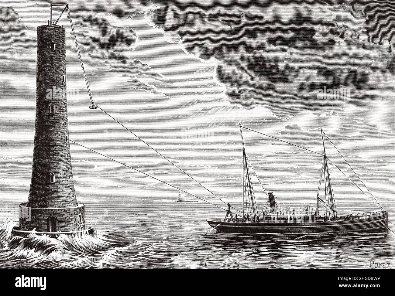 Costruzione del faro di Eddystone, Plymouth, Inghilterra, progettato da James Nicholas Douglass. Vecchia illustrazione incisa del 19th secolo da la Nature 1884 Foto Stock