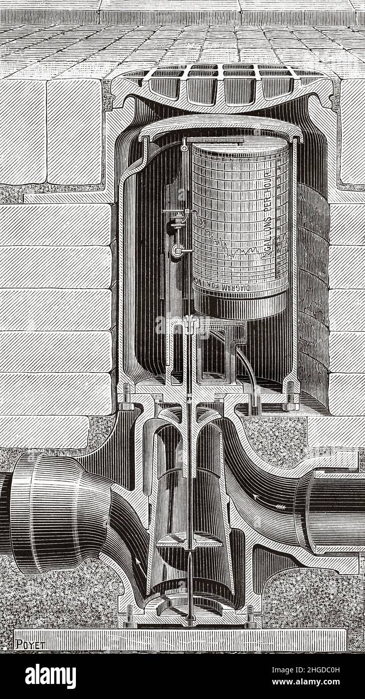 Dispositivo diacono per rilevare perdite d'acqua. Vecchia illustrazione incisa del 19th secolo da la Nature 1884 Foto Stock