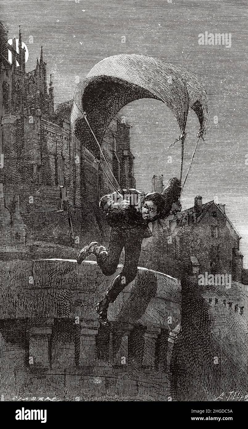 Fuga di un prigioniero presso la vecchia abbazia le Mont Saint Michel. Normandia, Francia. Europa. Vecchia illustrazione incisa del 19th secolo da la Nature 1884 Foto Stock