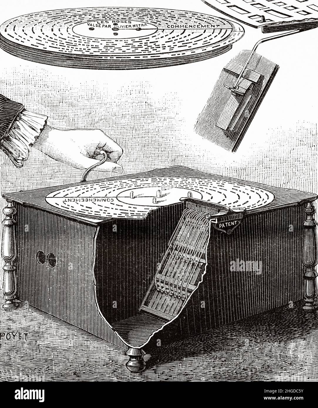 Organo a rullo con manovella a mano Ariston. Vecchia illustrazione incisa del 19th secolo da la Nature 1884 Foto Stock