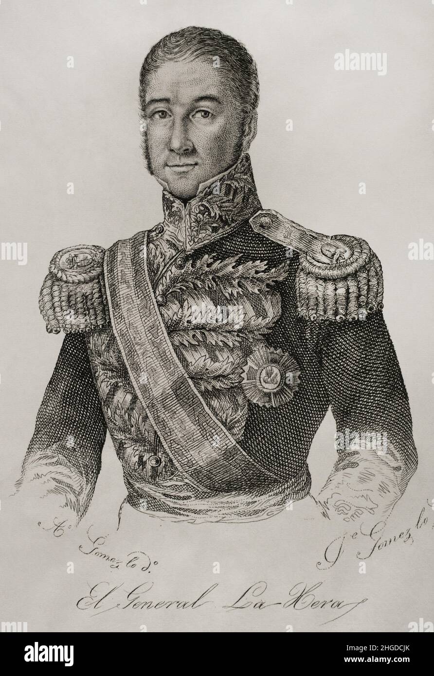 José Santos de la Hera y de la Puente (1792-1859). 1st Conte di Valmaseda e 1st Visconte di Portugalete. Militare spagnolo. Faceva parte dell'esercito spagnolo nel viceré del Perù, dove combatté contro il processo di insurrezione dell'indipendenza dal 1810 in poi. Nel 1834 tornò in Spagna combattendo da parte liberale durante la prima guerra dei carlist. Verticale. Illustrazione di Antonio Gómez. Incisione di José Gómez. Panorama Español, Crónica Contemporánea. Volume III. Madrid, 1845. Autore: Antonio Gómez y Cros (1808-1863). Artista spagnolo. José Gómez (fl. 1842-1867). Incisore spagnolo. Foto Stock