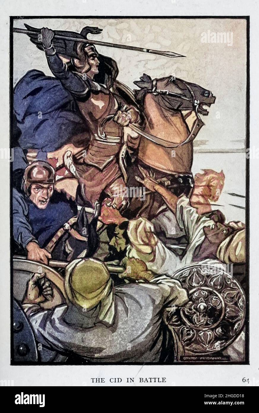 Il Cid in Battaglia Rodrigo Díaz de Vivar (c. 1043 – 10 luglio 1099) è stato un cavaliere castigliano e Signore della guerra nella Spagna medievale. Combattendo con gli eserciti cristiani e musulmani durante la sua vita, si guadagnò l'onorificenza araba al-sīd, che si sarebbe evoluto in El Cid ('il signore'), e il moniker spagnolo El Campeador ("il campione") dal libro 'Legends & romances of Spain' di Lewis Spence, Editore New York : F.A. Stokes nel 1920 Foto Stock