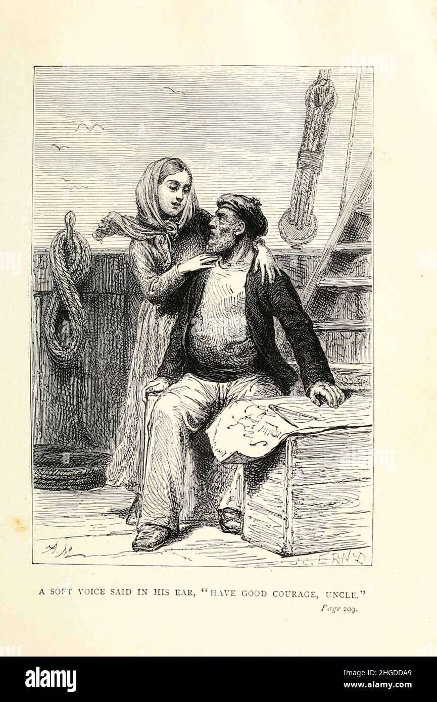 Una voce morbida ha detto in orecchio, ' Have Good Courage, Uncle' Illustrazione di Adrien Marie da ' A Winter Aid the Ice ' (in francese: Un hivernage dans les glaces) è una breve storia di avventura del 1855 di Jules Verne. La storia è stata stampata per la prima volta nell'aprile-maggio 1855 sulla rivista Musée des Familles. Fu poi ristampato da Pierre-Jules Hetzel nella collezione Doctor Ox (1874), come parte della serie Voyages Extraordinaires. Tre traduzioni in inglese ('A Winter amid the Ice' di George Makeace Towle, 'A Winter among the Ice-Fields' di Abby L. Alger, e 'A Winter's Sojourn in the Ice' di Stephen William Foto Stock