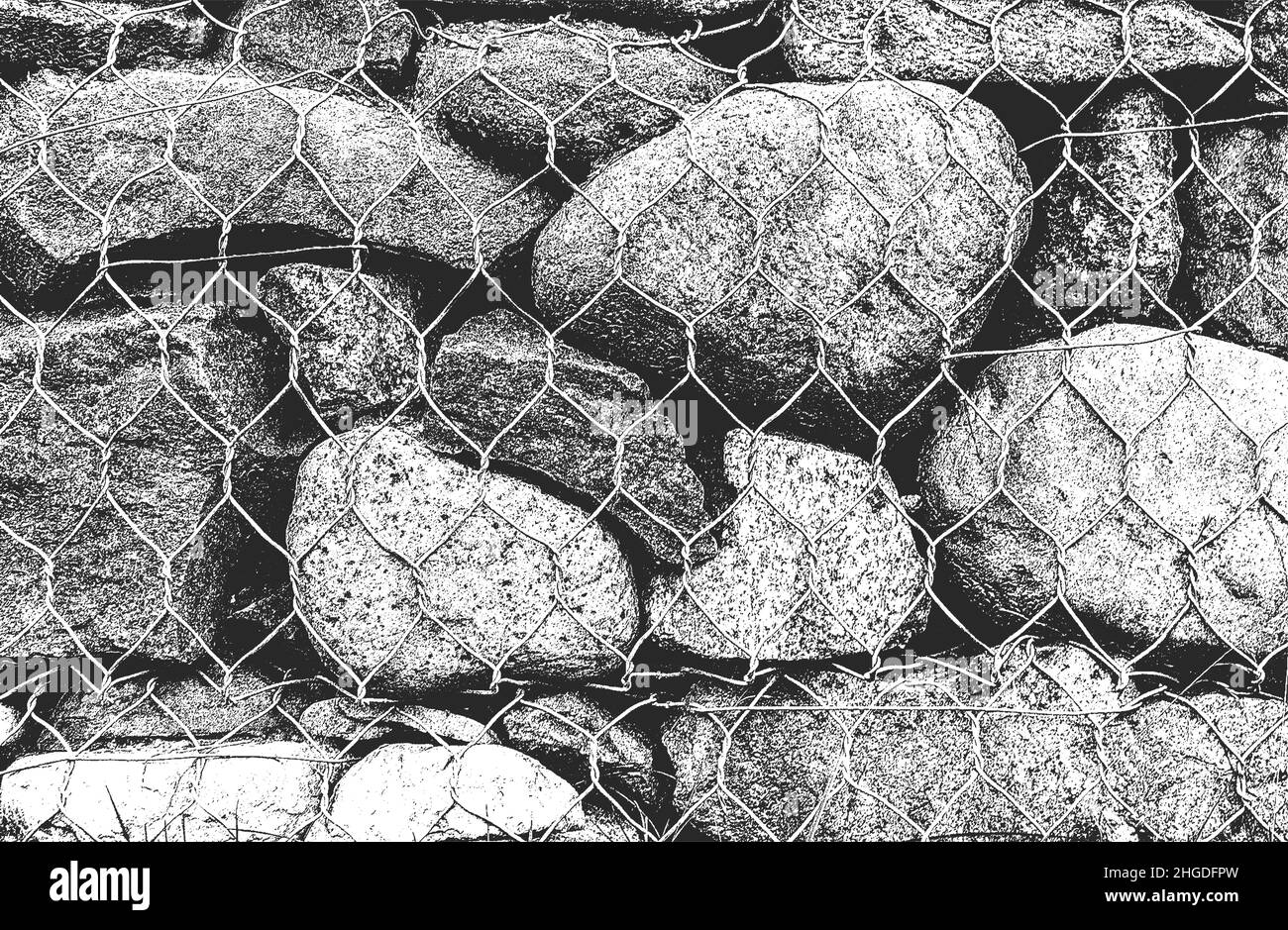 Stressata trama di pietre, rocce, ciottoli, macadam all'interno della maglia metallica, rete. Sfondo grunge. Illustrazione vettoriale astratta mezzitoni Illustrazione Vettoriale