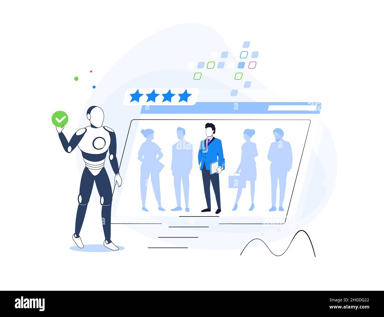 HR ai come risorse umane robot scansione CV per assumere minuscolo persona concetto. Tecnologie moderne alla ricerca di lavoro, e vettore di candidati vacanti Illustrazione Vettoriale