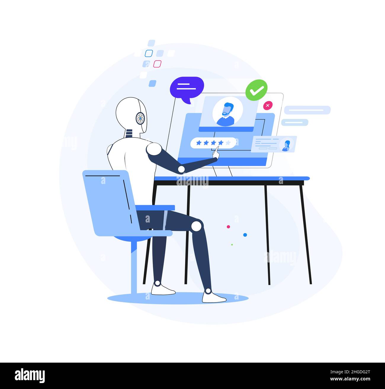 HR ai come risorse umane robot scansione CV per assumere minuscolo persona concetto. Tecnologie moderne alla ricerca di lavoro, e vettore di candidati vacanti Illustrazione Vettoriale