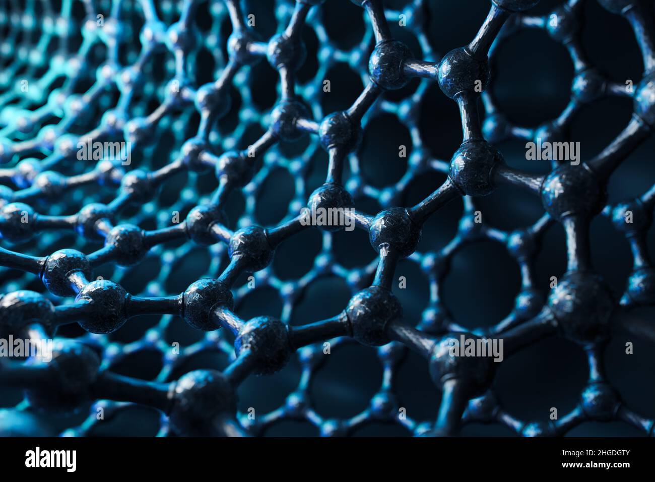 3D rendering della struttura del nanotubo, background della scienza blu, concetto di tecnologia, primo piano della forma geometrica esagonale, struttura atomica del grafene Foto Stock