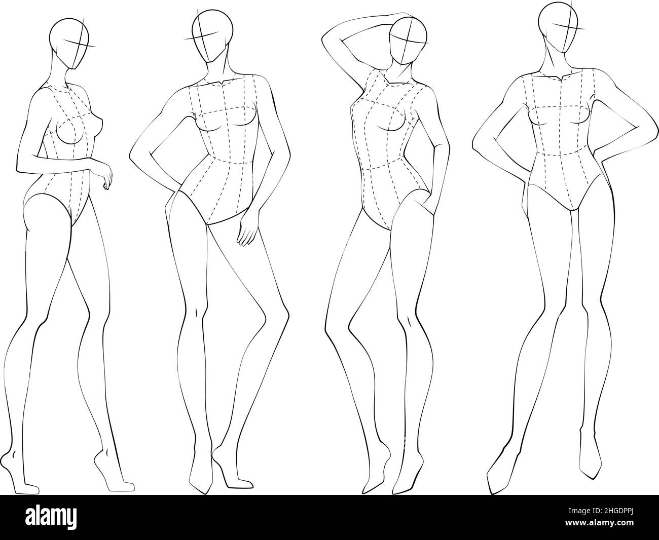 Moda figura dieci teste modello croquis indossando corpetto Illustrazione Vettoriale