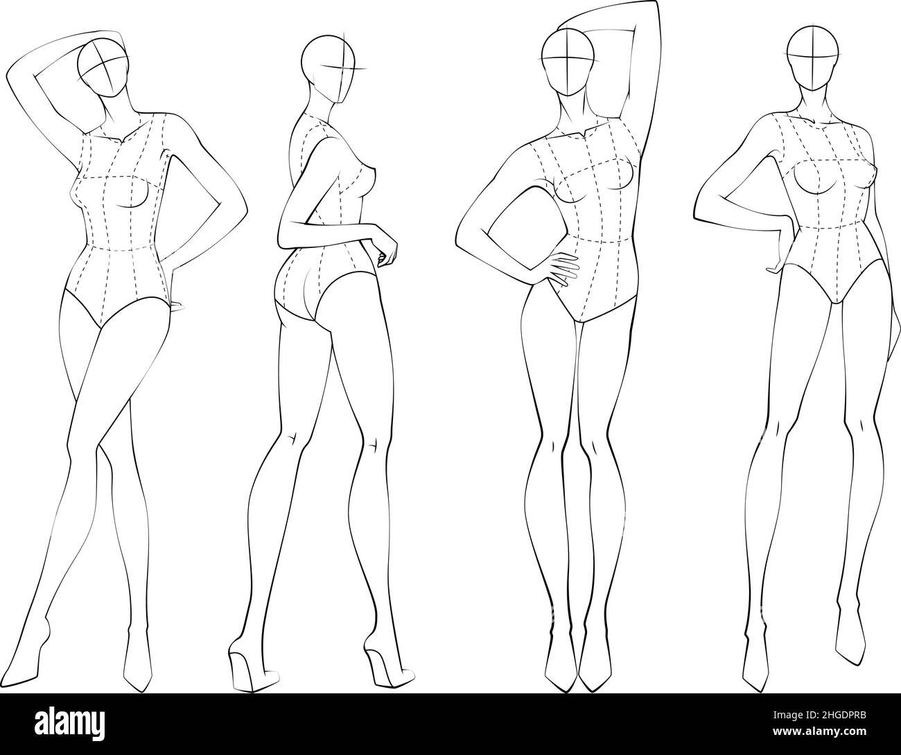 Moda figura dieci teste modello croquis indossando corpetto Illustrazione Vettoriale