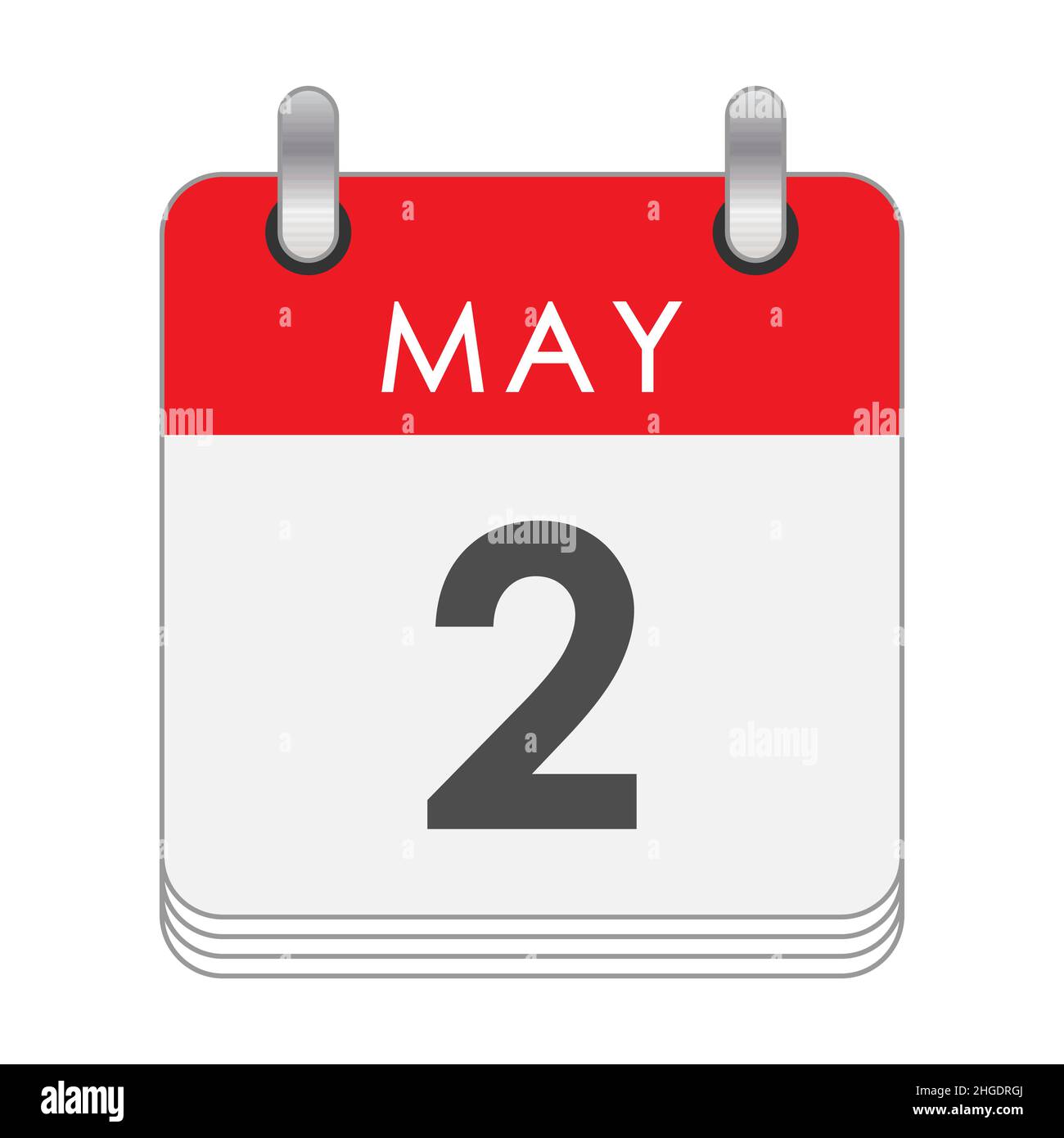 Maggio 2. Una foglia del calendario flip con la data del 2 maggio. Stile piatto. Illustrazione Vettoriale